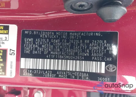 2021 Toyota Camry Xle Awd z USA, uszkodzony, nr VIN 4T1F11BK5MU042654